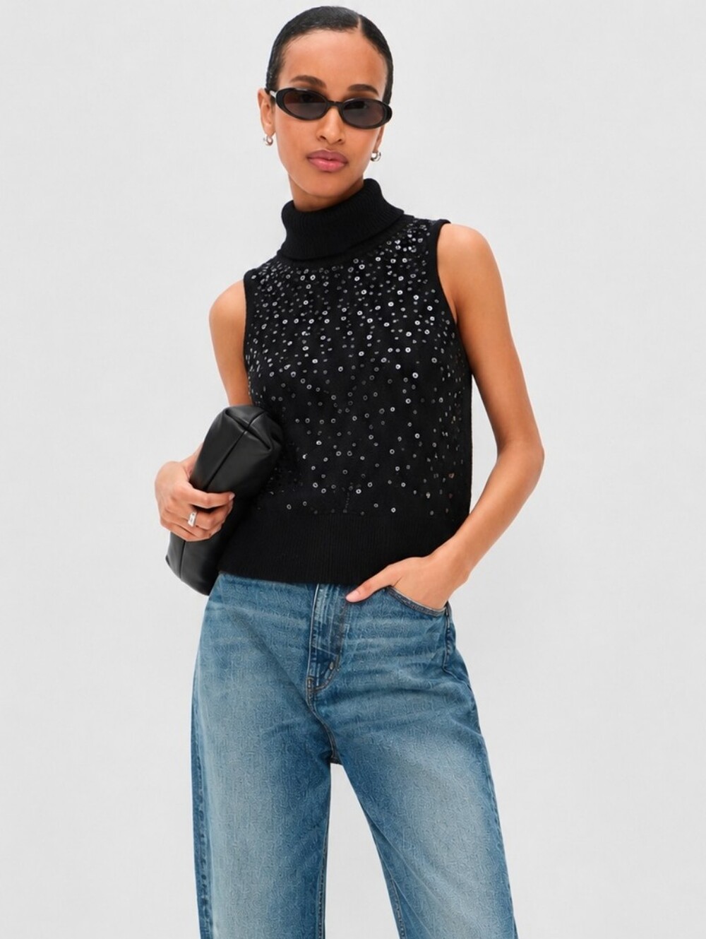 NWT CINQ A SEPT Black Sequin Carlene Cotton Wool Blend Turtleneck Tank